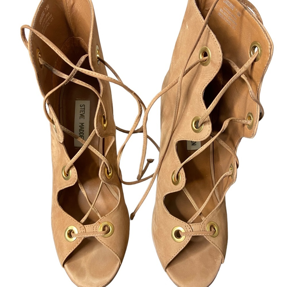 Steve Madden Carusso Tan Peep Toe Lace Up Bootie - Picture 6 of 10